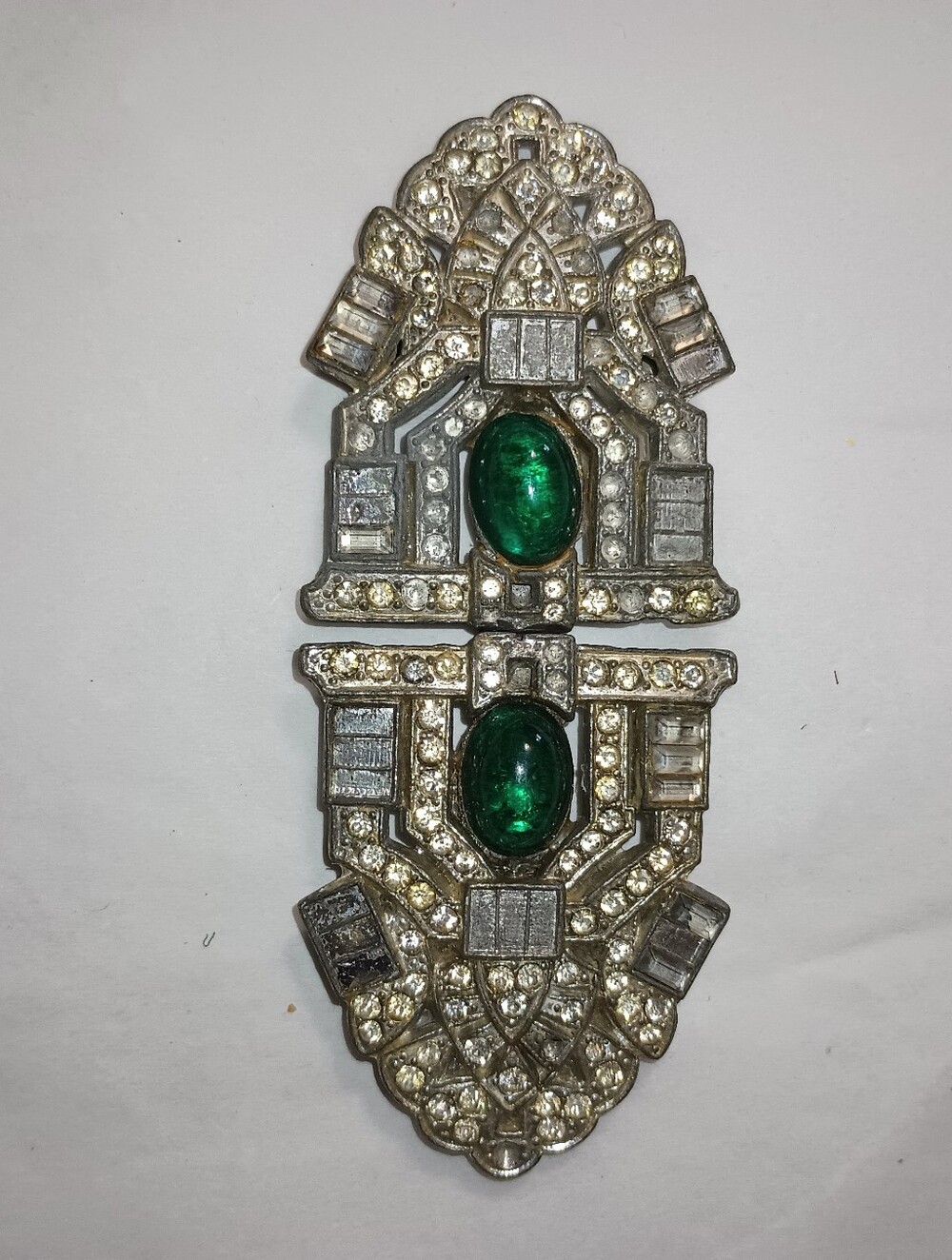 Vintage 2 Piece Belt Buckle. Pewter? Rhinestones And Green Stone. Missing Some